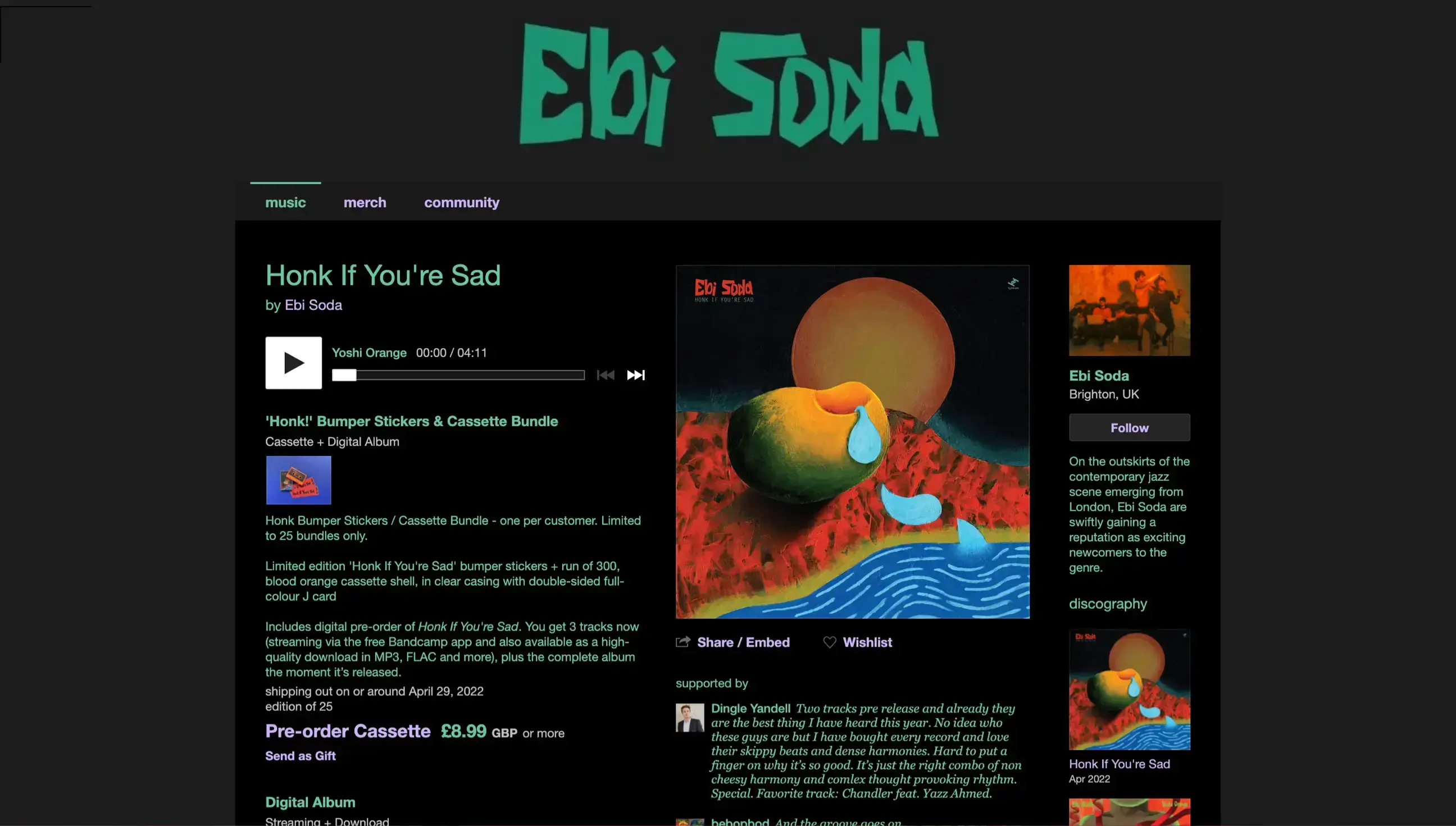 Screenshot of Ebi Sodd’s Bandcamp Page
