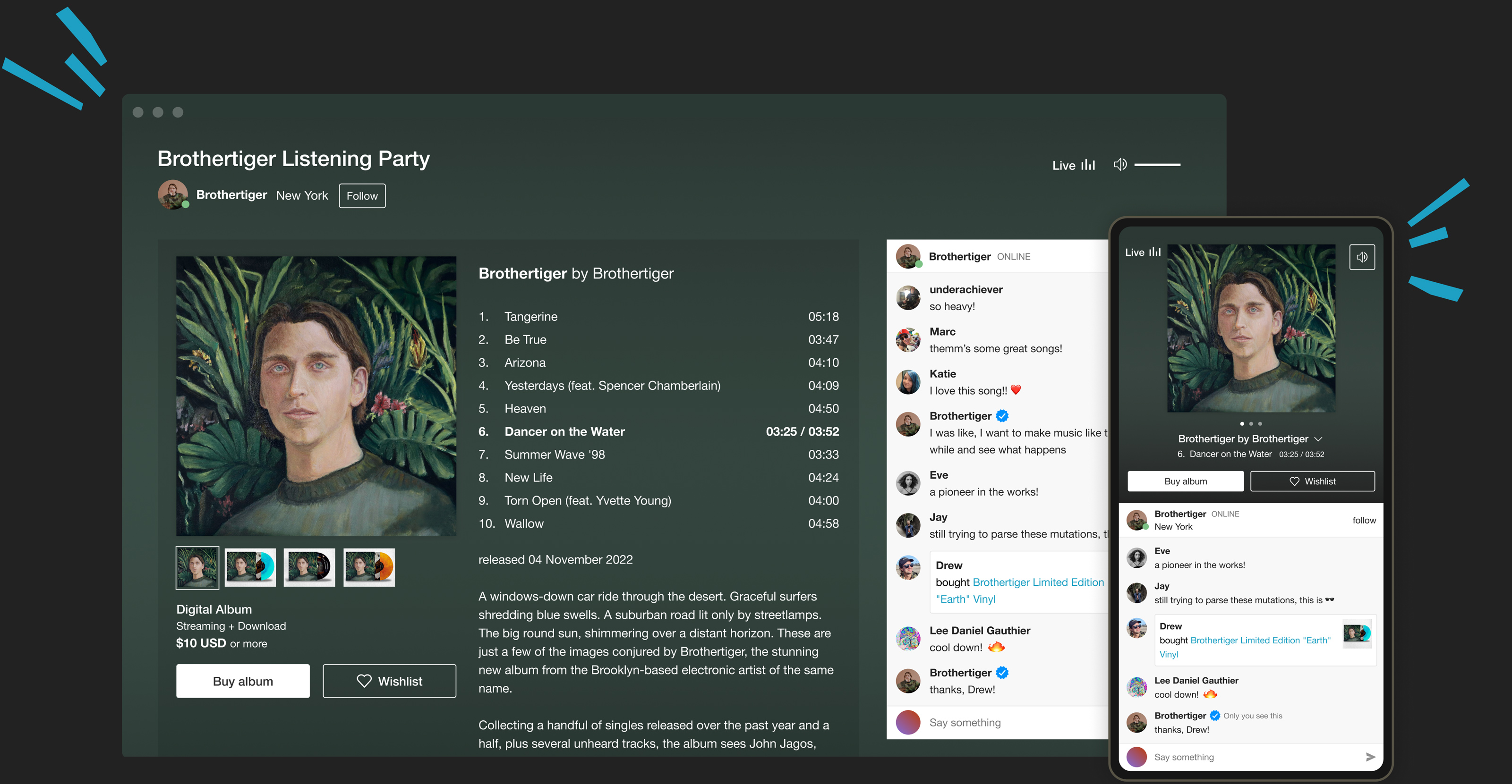 Desktop and mobile screens showing the artist Brothertiger hosting a listening party.